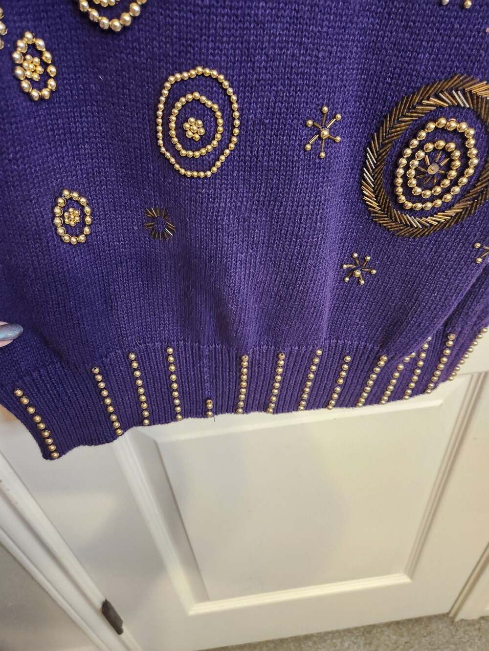 90s Y2K Vintage Purple Beaded Cowl Neck Tunic Sweater - Picture 11 of 14